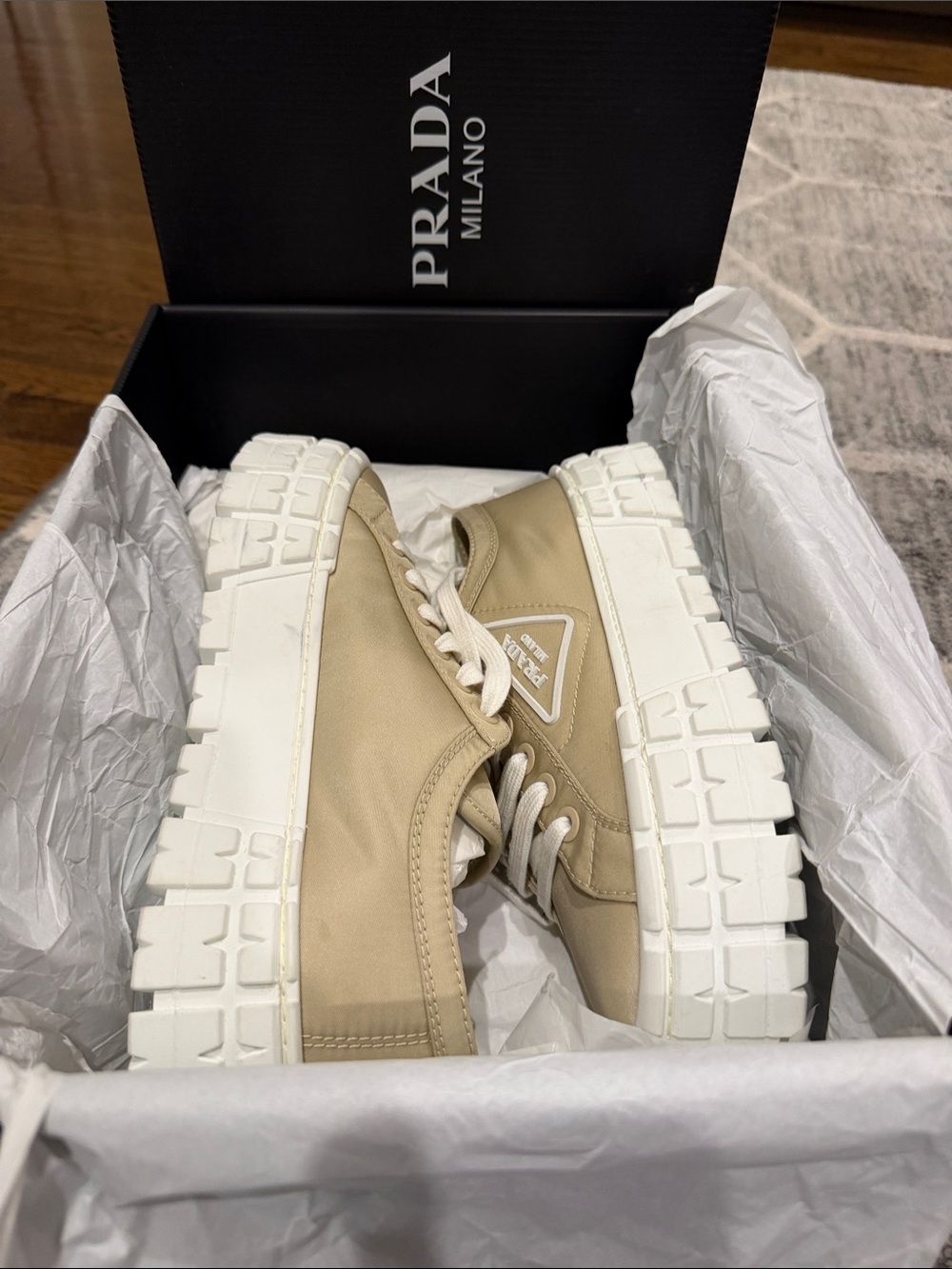 Prada Neutral-Tone Platform Lace-Up Sneakers - Picture 11 of 12